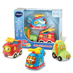 VTech - Tut Tut Bolides, Coffret Trio Secours, 3 Voitures Interactives, Camion de Pompiers, Tracteur et Hélicoptère, Jouet Musical et Sonore, Cadeau Enfant de 1 An à 5 Ans - Contenu en Français