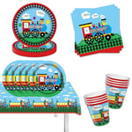 Lot de 49 accessoires de fête d'anniversaire - Train - Vaisselle de fête d'anniversaire - Assiettes en carton - Gobelets - Décoration de table