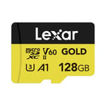 Lexar GOLD Carte Micro SD 128Go, carte mémoire flash microSDXC UHS-II, carte microSD V60, U3, A1, C10, lecture jusqu'à 280Mo/s, pour drone/caméra d'action/appareil de jeu UHS-II (LMSGOLD128G-BNNNG)