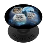 Trois chats mignons engloutis dans les nuages de galaxie sous la lune glacée PopSockets PopGrip Adhésif