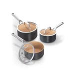 Ninja Extended Life Lot de 3 casseroles en céramique (casseroles de 16,18 et 20 cm) anti-adhésives (sans PFA, PFOA, plomb, cadmium), convient pour induction, four jusqu'à 285 °C, terre cuite et gris