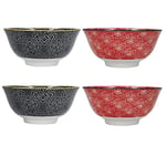 KitchenCraft Lot de 4 bols à céréales et dessert en céramique - Motif floral - Passe au micro-ondes et au lave-vaisselle - Avec boîte cadeau - Rouge et noir