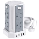 Tower Extension Lead with USB Slots, (13A 3250W) Surge Protection Extension lead with 4 Control Switch, 8 AC Outlets & 4 USB Ports Plug Extension Socket, Extension Cable 3M for Office, Home, Kitchen