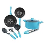 Tasty 8-Piece Kitchen Starter Set, Pot & Frying Pan Set + Kitchen Gadgets & Cooking Utensils with Soft Touch Handle, Non-Stick Coated Cookware Set, Kitchen Essentials, Colour: Blue and Grey