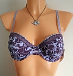 Chantelle Passionata Charm Bra Purple Floral Size 34C Padded Plunge Balcony 4605