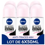 NIVEA Black & White Déodorant bille (lot de 6 x 50 ml), Déo bille anti-transpirant pour femme, Déo femme anti-traces blanches à la formule sans alcool