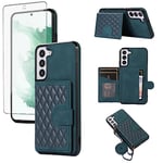 Asuwish Phone Case for Samsung Galaxy S21 Plus S21+ 5G Wallet Cover with Tempered Glass Screen Protector and Crossbody Strap Card Holder Stand Cell S21+5G S21plus 21S + S 21 21+ G5 Women Girls Green