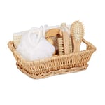 Relaxdays Home Spa Set 6-Piece, Gift Basket With Scalp Massager, Roller, Back Scrub, Shower Puff, Nail Brush, Natural, rattan, wood