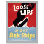 War World WW2 USA Loose Lips Sink Ships A4 Artwork Framed Wall Art Print