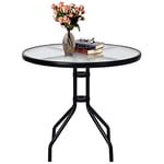 Giantex Table Basse de Jardin 70 CM, Table de Patio avec Plateau en Verre Trempé, Cadre en Métal Robuste avec Trou pour Parasol, Table d'Appoint Ronde pour Balcon, Patio, Bistro