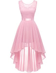 Berylove Vintage Robe de Cocktail Pin Up High Low en Dentelle Mousseline pour Mariage Soirée Bal Jupe Asymétrique sans Manche avec Ceinture 35 Pink 2XL