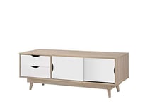 Timber Art Design UK Alford TV Media Cabinet Unit with Sliding Doors and 2 Drawers Media Devices Storage Modern Furniture for Livingroom in Sonoma Oak Wood Effect & White, W120cm x H45cm x D45cm