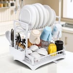 2 Tier Dish Drainer Washing Up Rack Plate Cutlery Double Draining White Vinsani