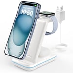 JoyGeek 3 in 1 Foldable Wireless Charging Station for i Phone 16/15/14/13/12/11/Pro Max/X/8, Phone Charger Stand for iWatch 10/Ultra2/9/8/7/6/5/4, Wireless Charger Docking Air Pods 4/3/Pro, White