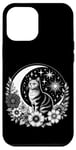 Coque pour iPhone 15 Plus Chat blanc gris assis sur un croissant de lune avec des étoiles et des fleurs