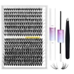 Eyelash Extension Kit 320pcs LANKIZ Cluster Lashes 30D+40D D Curl 9-16mm Mix Lash Extension Kit DIY Individual Lashes with Lash Bond & Seal and Applicator for Home Use