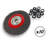 Lot de 10 brosses circulaires acier ø 250 mm Epaisseur 2 rangs Fil dur 0.30 mm ondulé Alésage 32 mm + réducteur bague 25/22/20/16/12 mm Touret