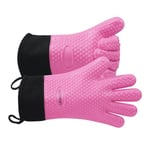 GEEKHOM Silicone Oven Gloves Heat Resistant Silicone Oven Mitts BBQ Gloves Waterproof Kitchen Gloves, BBQ Accessories for Barbecue Grilling Microwave, Non-Slip Oven Gloves with Fingers, Pink