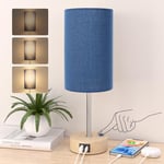 STANBOW Bedside Lamps, Touch Lamps Bedside with USB A+C Charging Ports, 3-Way Dimmable LED, Table Lamps for Living Room Bedroom Gift with Blue Shade-Wood Base (LED Bulb Included)