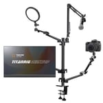 TARION Camera Arm Mount for Streaming: 4-in-1 Overhead Camera Desk Mount Stand Adjustable with 1 Mic Boom + 3 Articulating Arms for Camera Ring Light Monitor/Laptop Desktop Live Stream Stand TitanRig