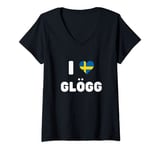 Womens I LOVE GLÖGG Sweden Flag Heart Swedish Mulled Wine Glogg V-Neck T-Shirt