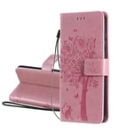 HAOTIAN Case for OPPO A52/A72, Pretty Retro Embossed Leaves Pattern Design Leather Wallet Flip Cover, OPPO A52/A72 Case [Card Slots] [Magnetic Closure] [Kickstand], Pink