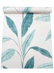 Rasch White Green Teal Tropical Palm Leaves Non Woven Textured Wallpaper