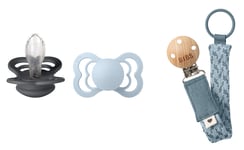 BIBS - Pacifier Supreme 2 PACK - Iron/Baby Blue - Size 2 + Pacifier Clip Braided - Petrol/Baby Blue - Onesize (Bundle)