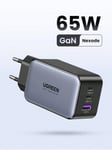 UGREEN 65W GaN 3-porttinen Type C -pikalaturi, joka on yhteensopiva Samsung S23 S22 Ultra IPhone 15 14 13 -ipad-tabletin kanssa, kannettava tietokone - musta