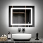 EMKE Miroir Lumineux Salle de Bain 50x60 cm avec Interrupteur à Bouton, Anti-buée, Deux Couleurs Lumière Blanche Froide 6500K/Chaude 3000K Miroir Salle de Bain avec Fonction mémoire