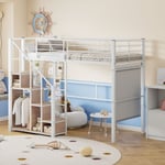 90x200cm Lit mezzanine pour enfant, lit mezzanine avec étagère de rangement et placard, lit superposé en hauteur, cadre de lit en fer, blanc