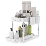 Mondeer Rangement sous Évier, Coulissant Organiseur sous Évier, Multifonctions, 2 Niveaux, 4 Crochets et 2 Porte-Tasses, pour Bureaux Cuisines Salles de Bains, W22 x D40.7 x H32.5cm, Blanc