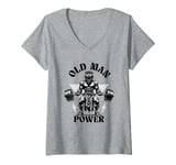 Womens Old Man Power Weightlifter, Funny Fitness Gym Weights V-Neck T-Shirt