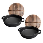 SOGA 2X 29cm Round Cast Iron Pre-seasoned Deep Baking Pizza Frying Pan Skillet with Wooden Lid - Frying Pans - ZPaiC1X2