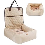 HAPPY HACHI Dog Bed Car Seat Cover Pet Car Booster Seat 2 in 1 Front Back Protector Pet Lookout Portable Car Seat Travel Vehicle Carrier with Thick Kennel and Safety Strap(Beige)