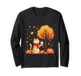 Cute Cat Holding Iced Coffee Under Fall Tree Autumn Cat Leaf Long Sleeve T-Shirt