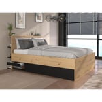 Vente-unique Lit coffre 140 x 190 cm - Coloris : Naturel et noir + Matelas - RADANI