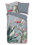 Descanso Sarenza Organic Cotton Satin Bed Linen, Grey, 135 x 200 cm + 1-80 x 80 cm, Pattern: Flowers and Leaves