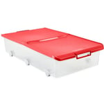 TATAY Underbed Storage Box with Double Opening Lid, 63L Capacity, with Handles and Wheels, Lid 100% Recycled Materials, BPA Free, Red, Measures 45 x 78 x 18 cm