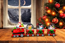 SHATCHI Lot de 3 Boules à Neige de Noël - Coffret Cadeau - Motif Train et Wagons Peints à la Main - Bonhomme de Neige, Père Noël, Renne, Pingouin - Décoration de Table de cheminée - Cadeaux de Noël