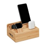 Relaxdays Charging Station, Tablet & Smartphone, iPhone, Apple Watch, H x W x D: 11 x 17 x 13, Bamboo, Natural