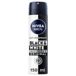 NIVEA MEN Black & White Original Anti-Perspirant (150 ml), 72hr Anti-Sweat Deodorant for Men, No Stains on Black and White Clothes