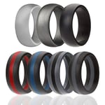 ROQ Silicone Wedding Ring for Men, 7 Pack Silicone Rubber Band - Silver, Black, Black with Red, Blue,Grey Stripe, Silver - Size 13