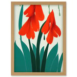 Modern Abstract Crimson Red Bloom Wild Flowers Teal Leaves on White Artwork Framed Wall Art Print A4