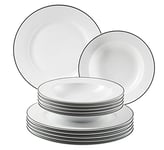 Mäser 931936 Série Enna Service de table moderne pour 6 personnes Blanc avec bordure noire – Lot de 12 assiettes avec assiettes et assiettes creuses – Service de table rond – Vaisselle de table en porcelaine