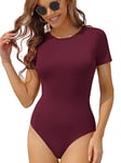 CHANGMU Women's Bodysuits Short Sleeve Tops Ladies Crew Neck Slim Fit Body Suits T-Shirts, Wine Red, XX-Large