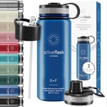 Gourde Inox Isotherme ACTIVE FLASK 1l/500ml sans BPA + Paille (3 Bouchons) | Bouteille d’eau Acier Inoxydable Isolée, Thermos Réutilisable | Camping Velo Sport Running Randonnée Enfant, Café The