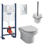 Pack WC suspendu Jacob Delafon sans bride Elite abattant + Bâti support Grohe RapidSL + plaque chromé + Porte-balai carré