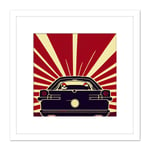 Into the Sunset Retro Man Cave Racing Car Illustration Red Black Square Wooden Framed Wall Art Print Picture 8X8 Inch