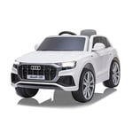 JAMARA 460201 Ride on Car Audi Q8 12 V – 1,5 h de Temps de Conduite, 2 Moteurs puissants, 2 Vitesses, SD, AUX, Port USB, klaxon, Son Moteur, Phare LED, indicateur de Tension de Batterie, Blanc